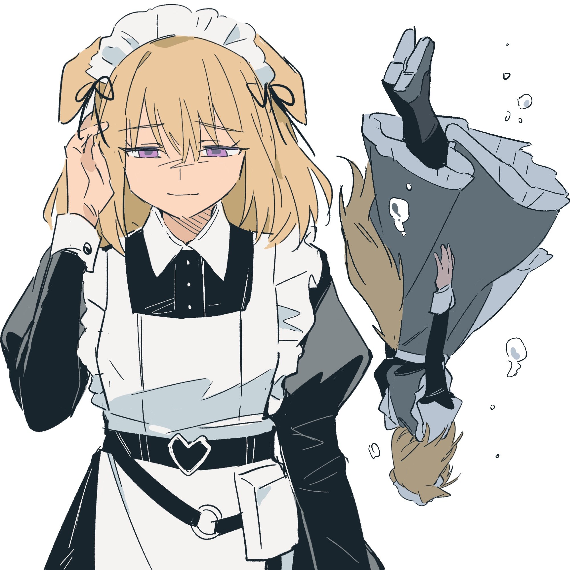 dopperu ben, misumi uika, misumi uika (caged singer), arknights, bang dream!, bang dream! it's mygo!!!!!, commentary, hashtag-only commentary, highres, 1girl, animal ears, belt, black belt, black dress, blonde hair, dog ears, dog girl, dog tail, dress, falling, hair between eyes, juliet sleeves, long sleeves, maid headdress, medium hair, puffy sleeves, purple eyes, simple background, tail, tucking hair, white background
