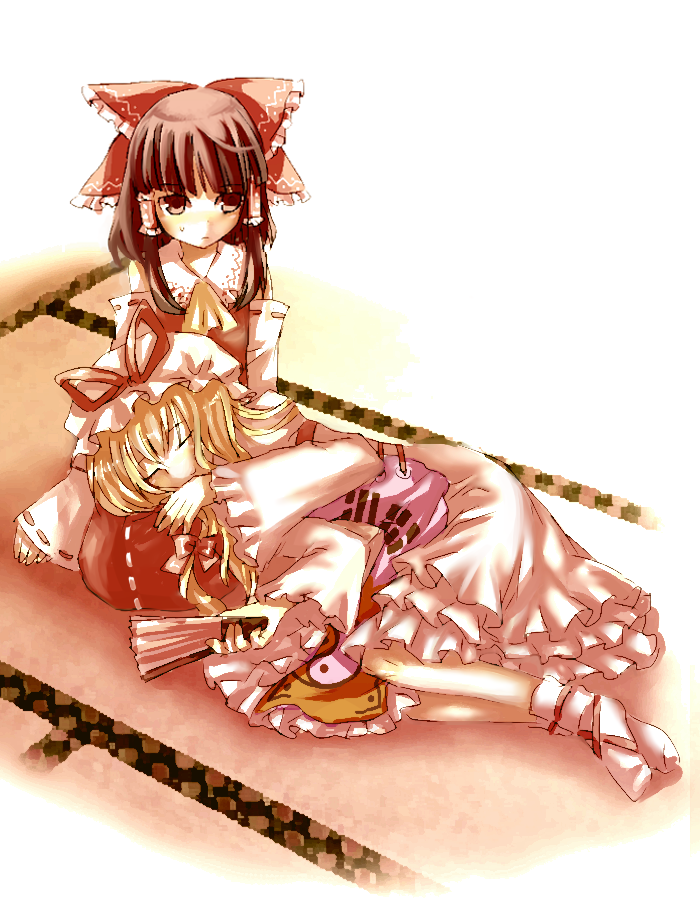 neme, hakurei reimu, yakumo yukari, touhou, 2girls, blonde hair, brown hair, female focus, folding fan, frills, gathers, hand fan, hat, japanese clothes, lap pillow, miko, multiple girls, ribbon, sleeping