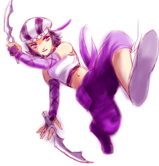 kunoichi (sengoku musou), sengoku musou, lowres, 1girl, bare shoulders, beret, black hair, crop top, dagger, dual wielding, female focus, full body, hat, holding, knife, looking at viewer, pants, purple eyes, shoe soles, shoes, short hair, sneakers, solo, weapon