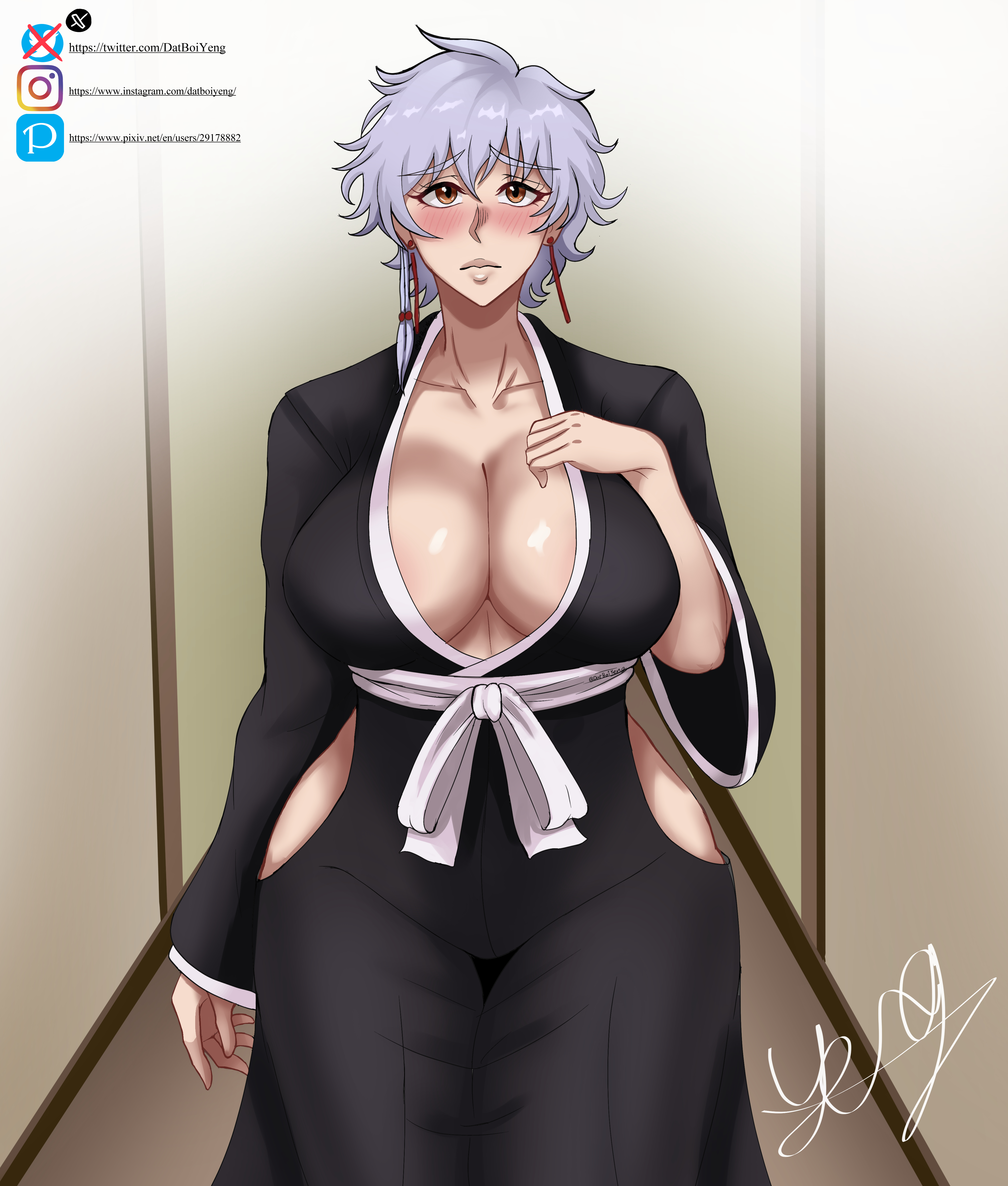 yeng, kotetsu isane, bleach, artist name, blush, breasts, closed mouth, collarbone, earrings, grey hair, indoors, instagram username, japanese clothes, jewelry, large breasts, pixiv username, shihakusho, shiny skin, short hair, sidelocks, solo, solo focus, standing, wide hips