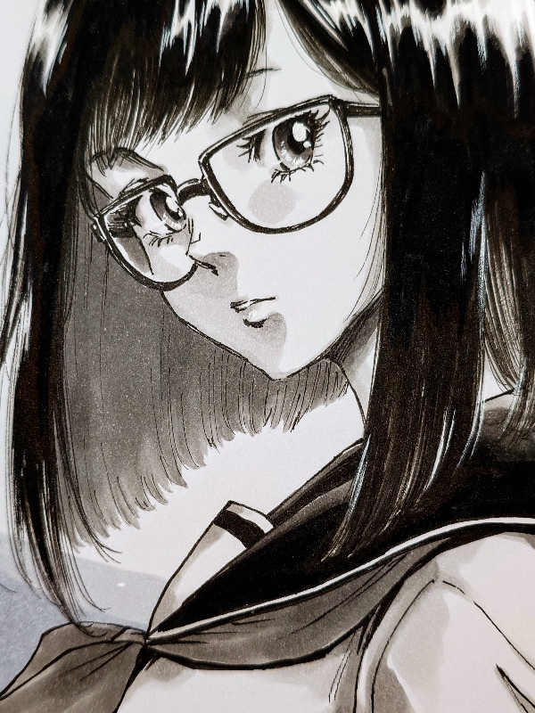 original, commentary request, traditional media, 1girl, eyelashes, from side, glasses, greyscale, looking at viewer, looking to the side, makomako1061, medium hair, monochrome, nose, nose pads, parted lips, portrait, sailor collar, school uniform, semi-circular eyewear, serafuku, shirt, solo, straight hair