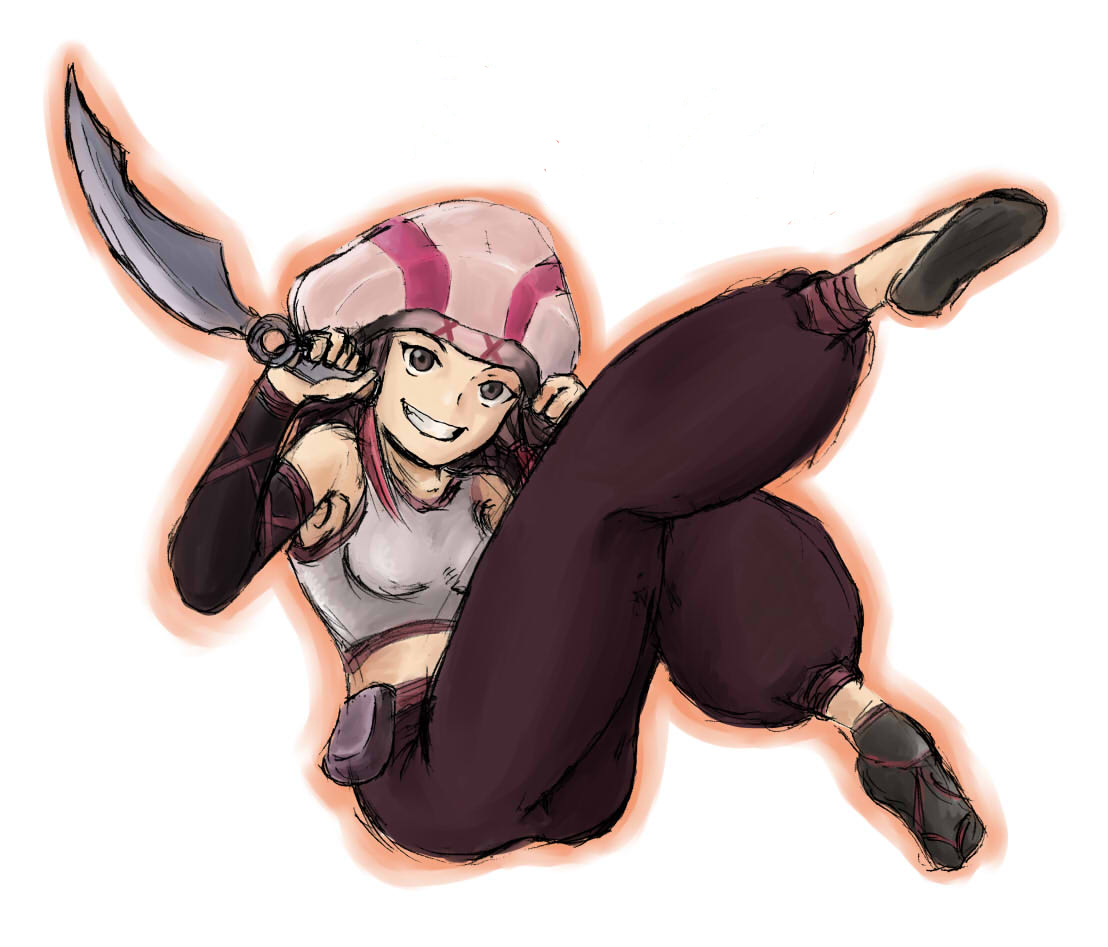kunoichi (sengoku musou), sengoku musou, 1girl, armpits, bare shoulders, breasts, crop top, dagger, dual wielding, elbow gloves, evil smile, female focus, full body, gloves, grin, holding, holding weapon, knife, looking at viewer, pants, simple background, smile, solo, teeth, weapon, white background