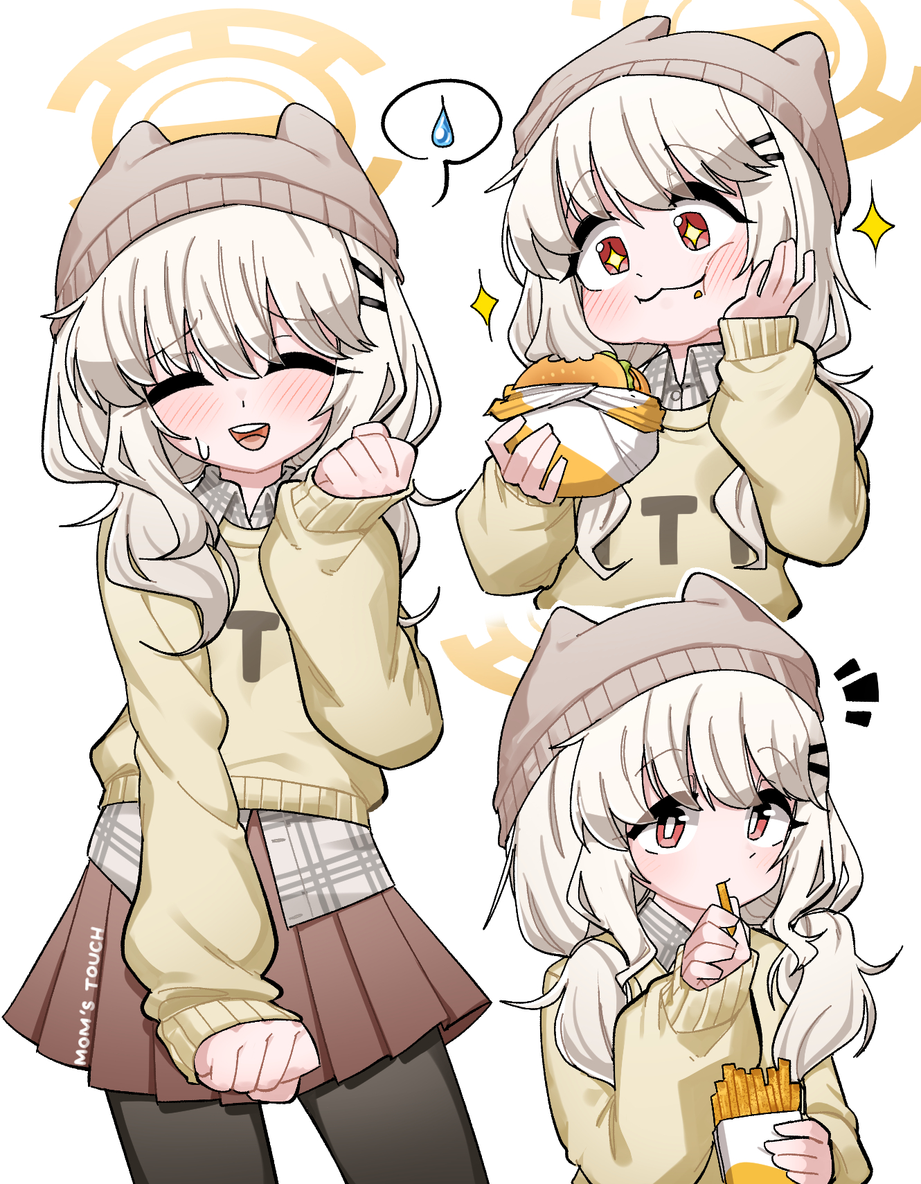 fey (whitepaper), aoba (blue archive), aoba (mom's touch) (blue archive), blue archive, commentary request, highres, korean commentary, 1girl, beanie, black pantyhose, blush, eating, food, halo, hat, holding, holding food, long sleeves, multiple views, official alternate costume, pantyhose, simple background, skirt