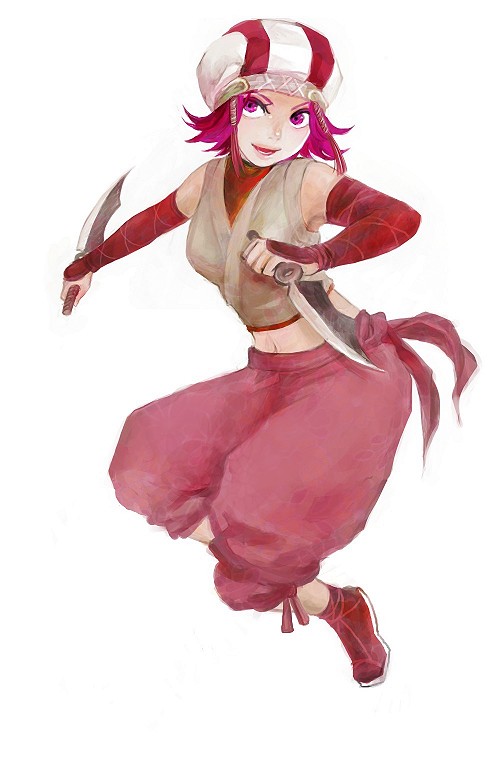 kunoichi (sengoku musou), sengoku musou, 1girl, baggy pants, dual wielding, elbow gloves, female focus, gloves, hat, holding, knife, ninja, pants, reverse grip, solo