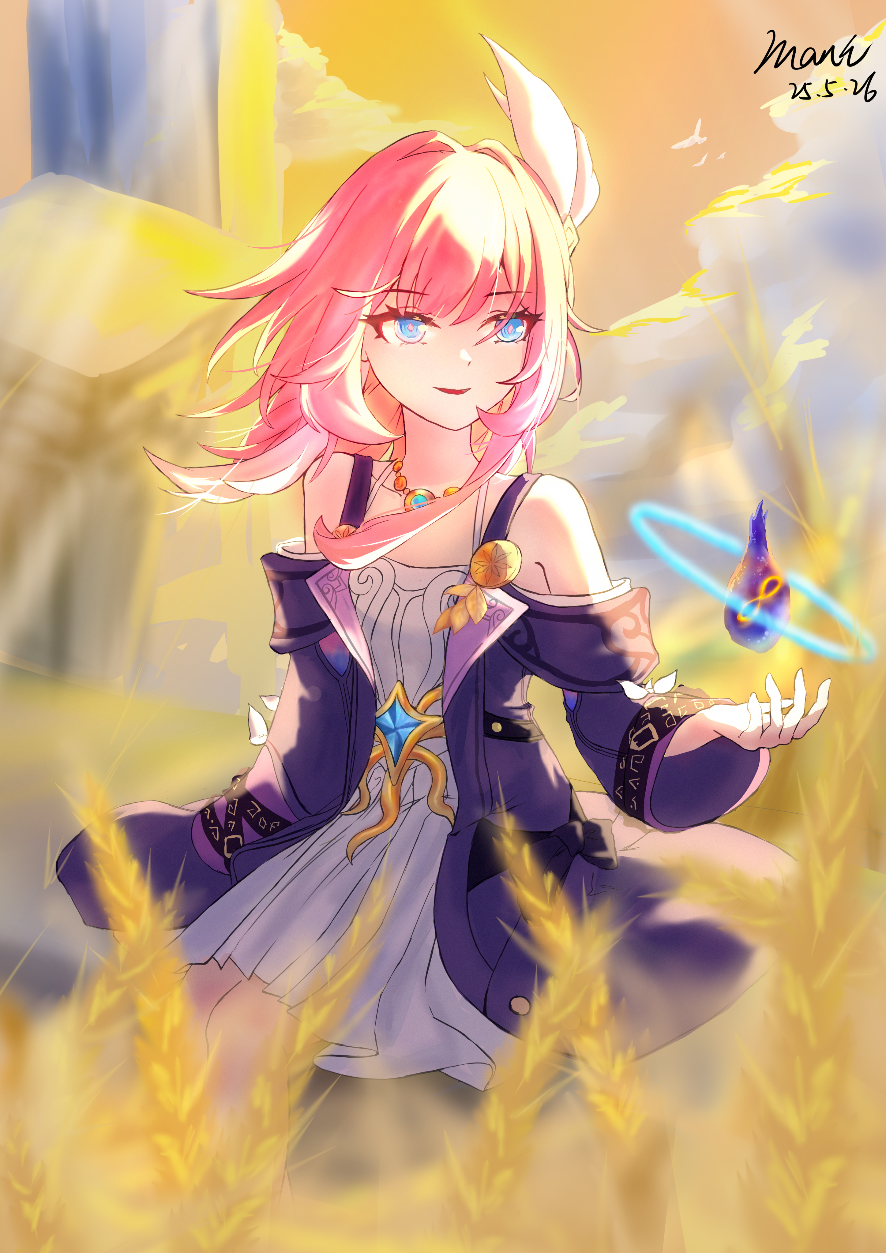 cyrene (honkai: star rail), honkai: star rail, honkai (series), absurdres, chinese commentary, commentary request, highres, 1girl, artist name, bare shoulders, blue eyes, coat, coreflame (honkai: star rail), cyrene (aedes elysiae) (honkai: star rail), dated, dress, hair ornament, jewelry, mani, medium hair, necklace, outdoors, parted lips, pink hair, purple coat, smile, solo, white dress