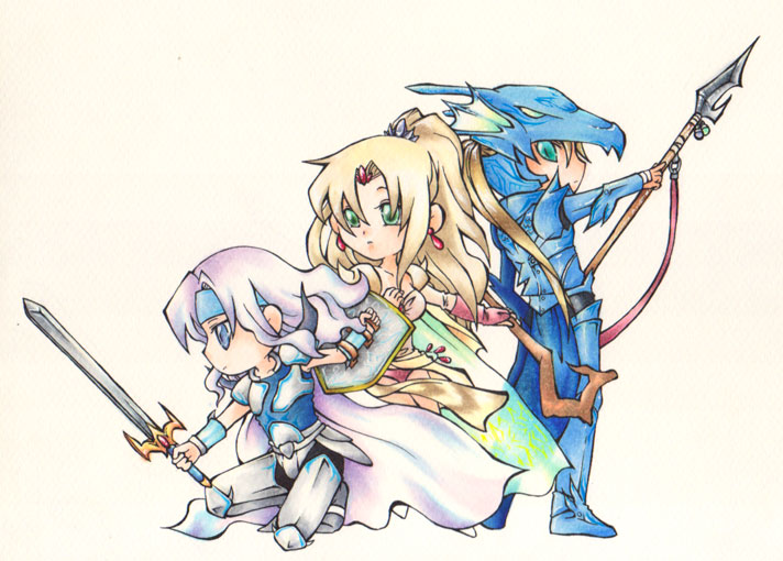 kimina, cain highwind, cecil harvey, rosa farrell, final fantasy, final fantasy iv, beige background, silver hair, traditional media, 1990s (style), 1girl, 2boys, armor, blonde hair, blue eyes, bodysuit, full armor, full body, headband, helmet, holding, holding sword, holding weapon, lance, long hair, multiple boys, polearm, retro artstyle, simple background, standing, sword, very long hair, weapon