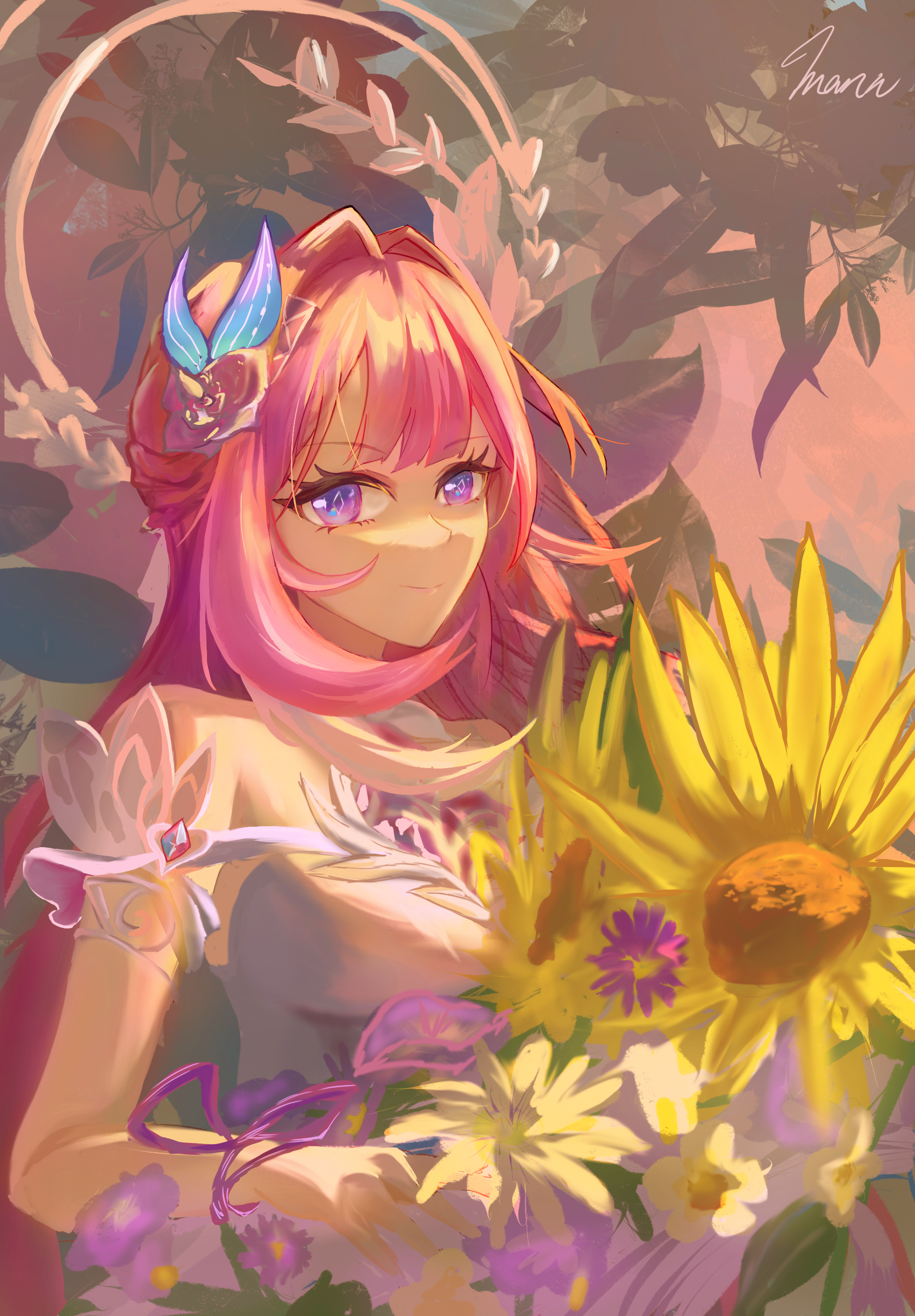 cyrene (honkai: star rail), cyrene (ripples of past reverie) (honkai: star rail), honkai: star rail, honkai (series), absurdres, chinese commentary, commentary request, highres, 1girl, artist name, bare shoulders, breasts, detached sleeves, diamond-shaped pupils, diamond (shape), dress, flower, hair flower, hair ornament, halo, large breasts, long hair, looking at viewer, mani, pink hair, purple eyes, solo, sunflower, symbol-shaped pupils, very long hair, white dress
