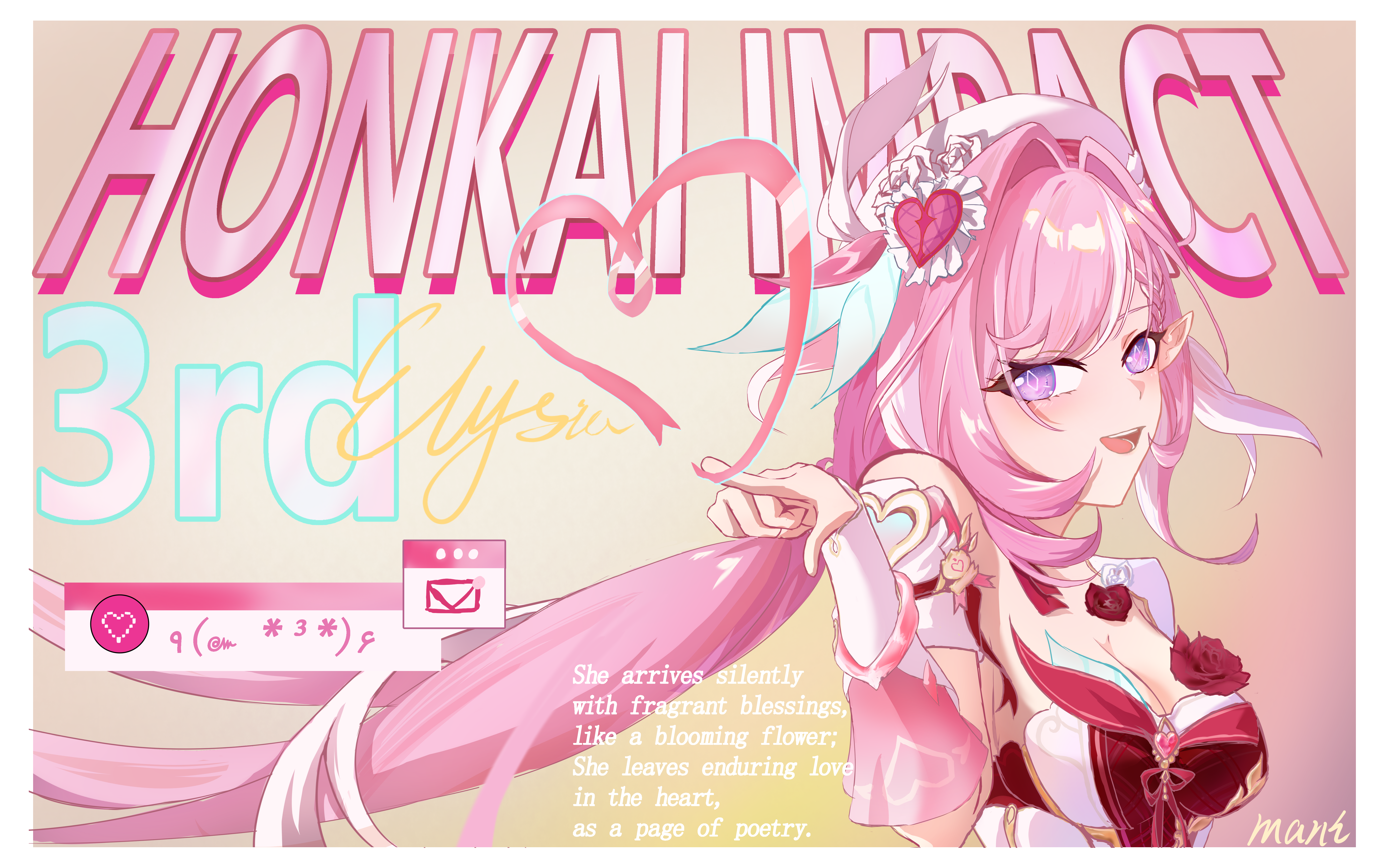 elysia (hi elf of love) (honkai impact), elysia (honkai impact), honkai (series), honkai impact 3rd, absurdres, chinese commentary, commentary request, highres, 1girl, beret, border, breasts, character name, cleavage, copyright name, diamond-shaped pupils, diamond (shape), dress, elf, english text, hat, heart, large breasts, long hair, mani, multicolored hair, open mouth, pink background, pink hair, pointy ears, purple eyes, solo, symbol-shaped pupils, teeth, two-tone hair, upper body, very long hair, white border, white dress, white hair, white hat