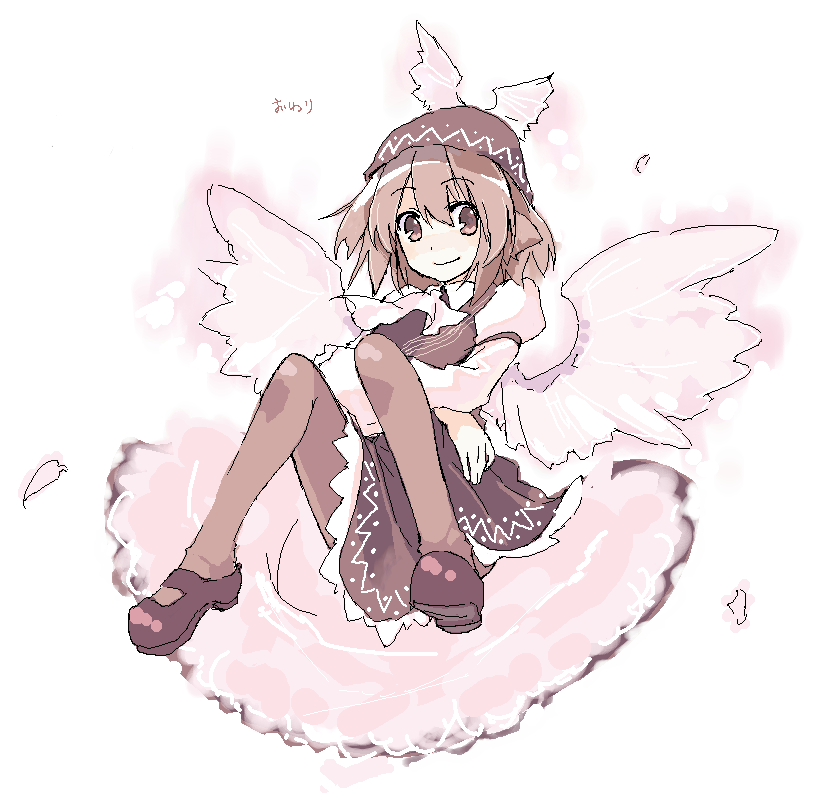 ushiki yoshitaka, mystia lorelei, touhou, 1girl, female focus, full body, oekaki, pantyhose, sitting, solo, white background