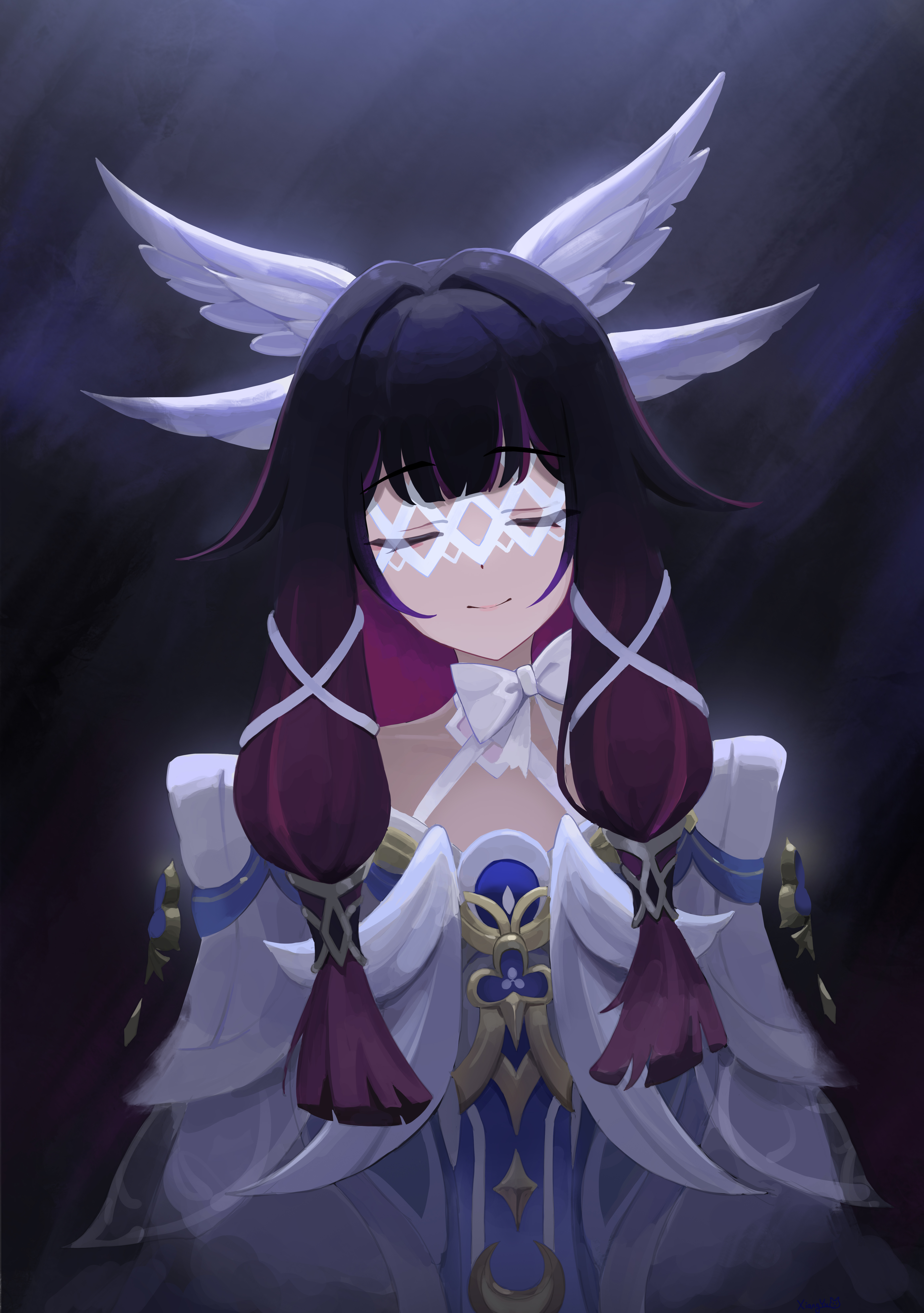 xiangyu xiangyu, columbina (genshin impact), genshin impact, absurdres, commentary request, highres, 1girl, black hair, bow, closed eyes, dress, gradient hair, hair intakes, halterneck, head wings, multicolored hair, purple hair, solo, upper body, white bow, white dress, wings