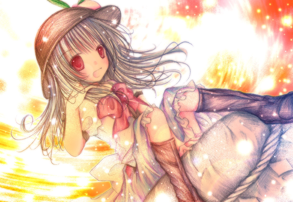 kasuga sunao, hinanawi tenshi, touhou, bad id, bad pixiv id, 1girl, female focus, food, fruit, hat, kaname-ishi, long hair, peach, red eyes, ribbon, rope, shimenawa, solo