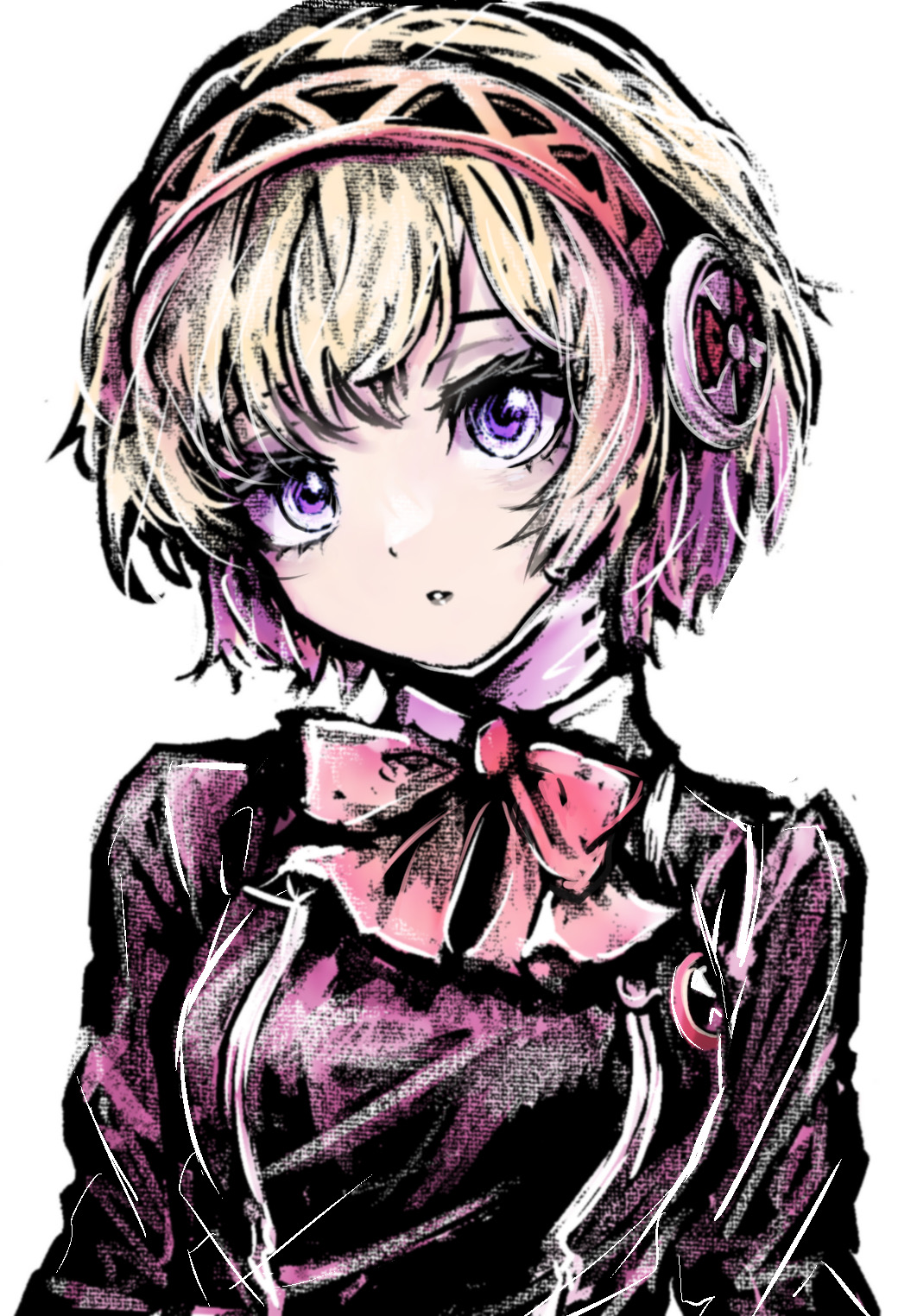 tsukihi shida, aigis (persona), persona, persona 3, commentary request, highres, 1girl, android, arms at sides, black jacket, blonde hair, blue eyes, bow, gekkoukan high school uniform, gold hairband, hairband, head tilt, jacket, parted bangs, parted lips, red bow, robot ears, school uniform, simple background, solo, upper body, white background