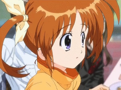 takamachi nanoha, lyrical nanoha, mahou shoujo lyrical nanoha, animated, animated gif, anime screenshot, lowres, 00s, 1girl, blush, female focus, orange shirt, shirt, solo