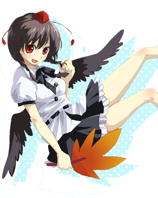 machiko (beard), shameimaru aya, touhou, bad id, bad pixiv id, 1girl, alternate hairstyle, black wings, female focus, hat, looking at viewer, open mouth, ribbon, short hair, skirt, smile, solo, wings