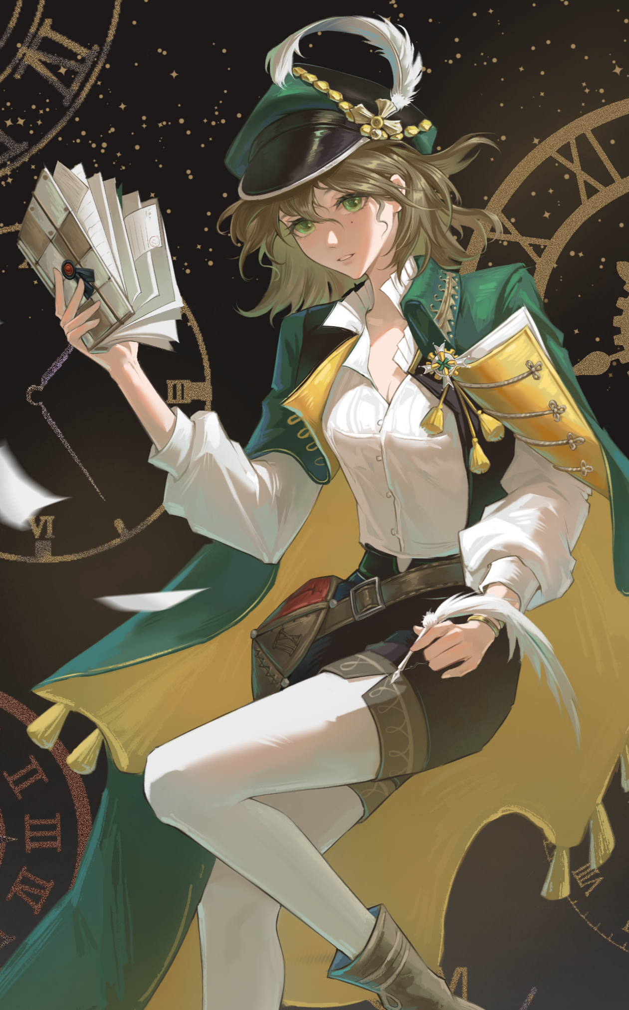 recoleta (reverse:1999), reverse:1999, commission, cropped, highres, 1girl, ankle boots, belt, belt pouch, black shorts, black vest, boots, breasts, brown belt, brown boots, brown hair, cape, cleavage, clock, f chi tudoupian., feet out of frame, flying paper, green cape, green eyes, green hat, grin, hand up, hat, hat feather, holding, holding notebook, holding quill, looking at viewer, mole, mole under eye, newsboy cap, notebook, pantyhose, paper, pouch, quill, roman numeral, shirt, short hair, short shorts, shorts, smile, solo, standing, standing on one leg, vest, white pantyhose, white shirt