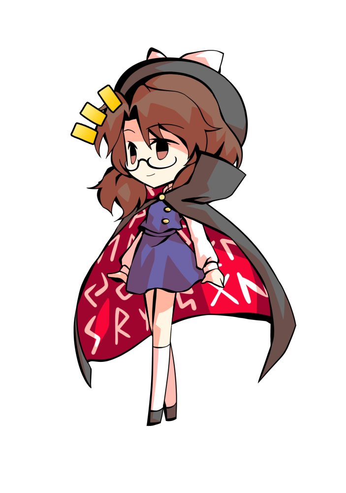 dairi, usami sumireko, touhou, urban legend in limbo, commentary request, large variant set, variant set, 1girl, black-framed eyewear, black boots, black cloak, black hat, boots, bow, brown eyes, brown hair, chibi, cloak, closed mouth, clothes writing, glasses, hat, hat bow, kneehighs, light smile, long sleeves, looking ahead, medium hair, notice lines, purple skirt, purple vest, red cloak, runes, semi-rimless eyewear, shirt, skirt, socks, solo, tachi-e, under-rim eyewear, vest, white bow, white shirt, white socks