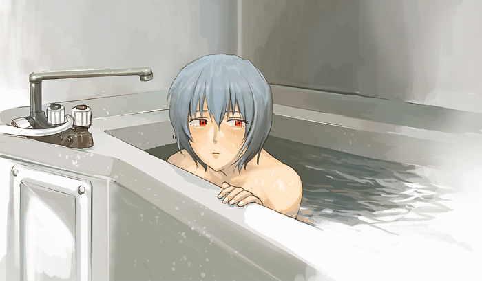 numa (pixiv172411), ayanami rei, neon genesis evangelion, bad id, bad pixiv id, bare shoulders, bath, bathtub, blue hair, completely nude, nude, red eyes, short hair, solo