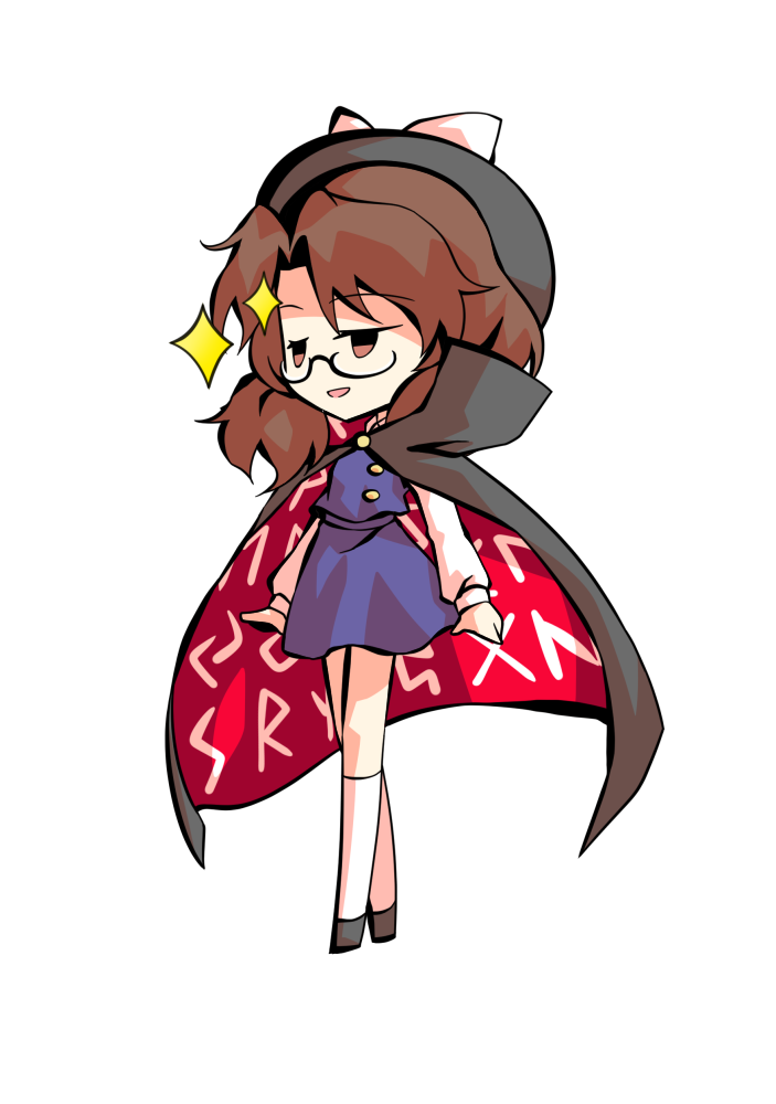 dairi, usami sumireko, touhou, urban legend in limbo, commentary request, large variant set, variant set, 1girl, black-framed eyewear, black boots, black cloak, black hat, boots, bow, brown eyes, brown hair, chibi, cloak, clothes writing, glasses, half-closed eyes, hat, hat bow, kneehighs, long sleeves, looking ahead, medium hair, open mouth, purple skirt, purple vest, red cloak, runes, semi-rimless eyewear, shirt, skirt, smile, socks, solo, sparkle, tachi-e, under-rim eyewear, vest, white bow, white shirt, white socks