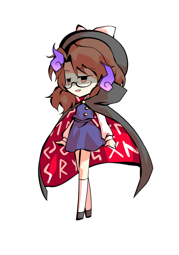 dairi, usami sumireko, touhou, urban legend in limbo, commentary request, large variant set, variant set, 1girl, black-framed eyewear, black boots, black cloak, black hat, boots, bow, brown eyes, brown hair, chibi, cloak, clothes writing, glasses, gloom (expression), half-closed eyes, hat, hat bow, kneehighs, long sleeves, looking ahead, medium hair, open mouth, purple skirt, purple vest, red cloak, runes, semi-rimless eyewear, shaded face, shirt, skirt, smile, socks, solo, tachi-e, under-rim eyewear, vest, white bow, white shirt, white socks