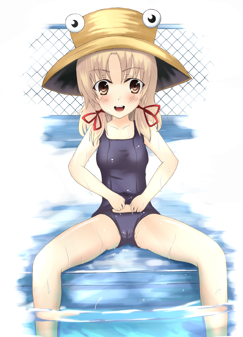 moccy, moriya suwako, touhou, bad id, bad pixiv id, 1girl, bad anatomy, bad proportions, cameltoe, female focus, hat, one-piece swimsuit, pool, poolside, poorly drawn, school swimsuit, school swimsuit flap, solo, swimsuit, wet