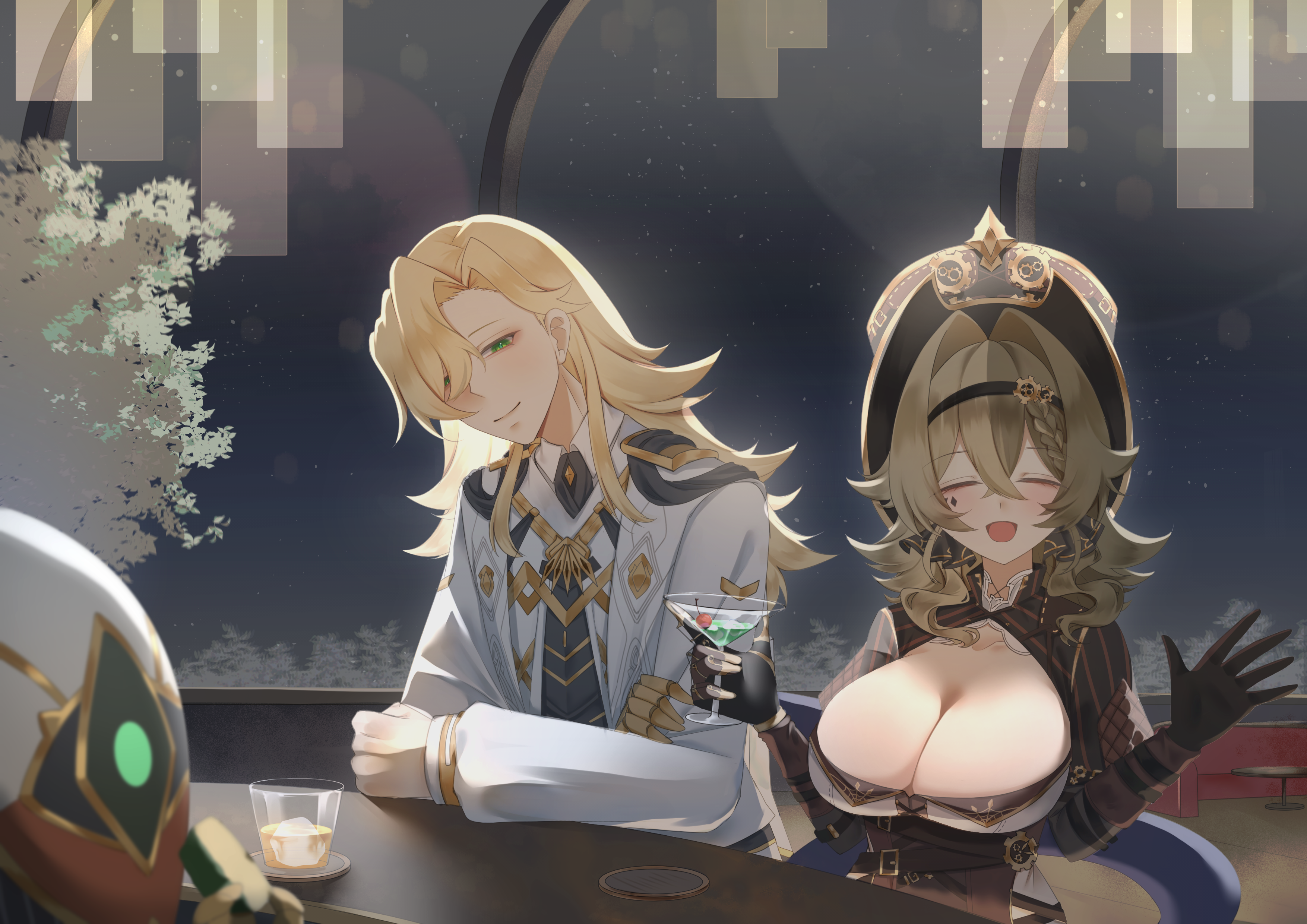 no noru, shush (honkai: star rail), vill-v, void archives, honkai: star rail, honkai (series), honkai impact 3rd, absurdres, commentary, english commentary, highres, 1boy, 1girl, black hairband, blonde hair, breasts, brown corset, brown gloves, cleavage, cocktail glass, corset, cup, drinking glass, gloves, green eyes, hair intakes, hairband, hat, holding, holding cup, ice, ice cube, large breasts, long hair, martini, medium hair, mini hat, mini top hat, open mouth, robot, sitting, top hat