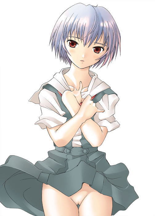 sakai hamachi, ayanami rei, neon genesis evangelion, blue hair, cleft of venus, no panties, pussy, red eyes, school uniform, serafuku, short hair, solo