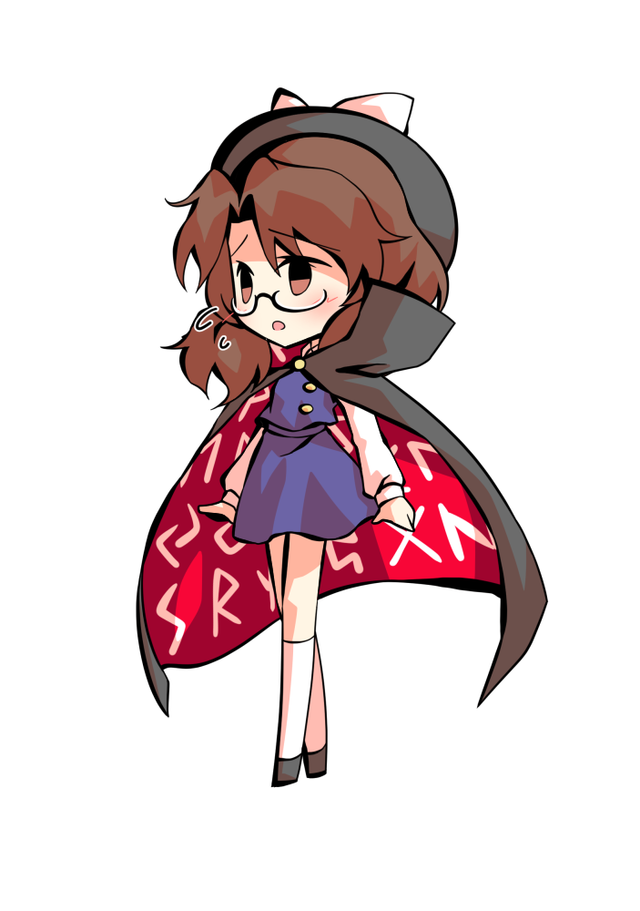 dairi, usami sumireko, touhou, urban legend in limbo, commentary request, large variant set, variant set, 1girl, :o, black-framed eyewear, black boots, black cloak, black hat, blush, boots, bow, brown eyes, brown hair, chibi, cloak, clothes writing, flying sweatdrops, glasses, hat, hat bow, kneehighs, long sleeves, looking ahead, medium hair, open mouth, purple skirt, purple vest, red cloak, runes, semi-rimless eyewear, shirt, skirt, socks, solo, sweatdrop, tachi-e, under-rim eyewear, vest, white bow, white shirt, white socks