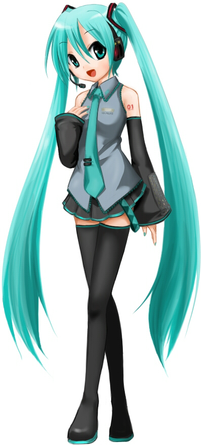 purdoy25, hatsune miku, vocaloid, blue hair, detached sleeves, green eyes, green hair, long hair, microphone, necktie, purdoy25 (artist), skirt, thighhighs, twintails, zettai ryouiki