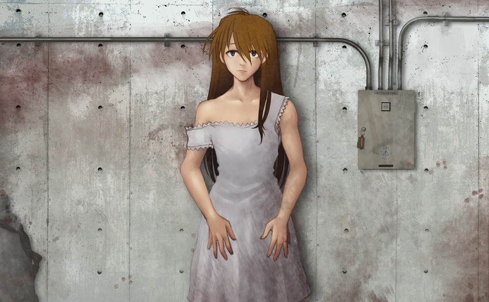 souryuu asuka langley, neon genesis evangelion, non-web source, 1girl, alternate costume, bare shoulders, blue eyes, dress, electric panel, female focus, long hair, red hair, solo