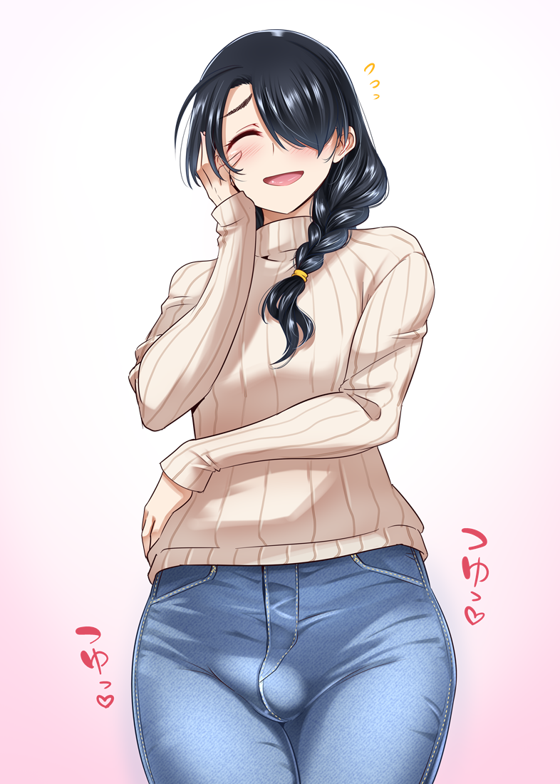 nanamatsu kenji, tsuyuki rin, strikeout pitch, feminization, 1boy, black hair, braid, bulge, denim, flying sweatdrops, hair over one eye, long hair, long sleeves, low side ponytail, male focus, ribbed sweater, smile, standing, sweater