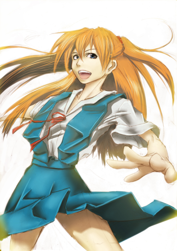 souryuu asuka langley, neon genesis evangelion, non-web source, blue eyes, long hair, red hair, school uniform, serafuku, smile, solo