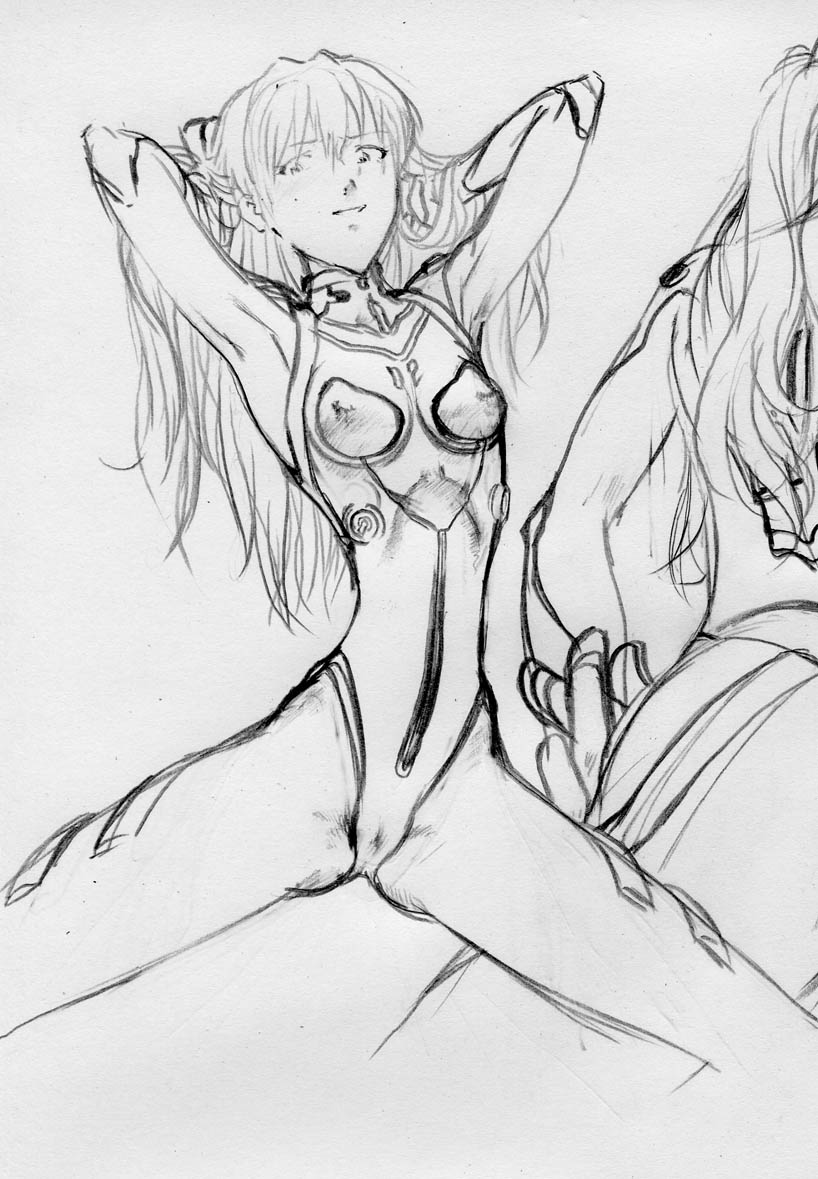 krutta fan, souryuu asuka langley, neon genesis evangelion, traditional media, greyscale, hair ornament, hairclip, kruttafan, long hair, mecha pilot suit, monochrome, plugsuit (evangelion), sketch, stretching