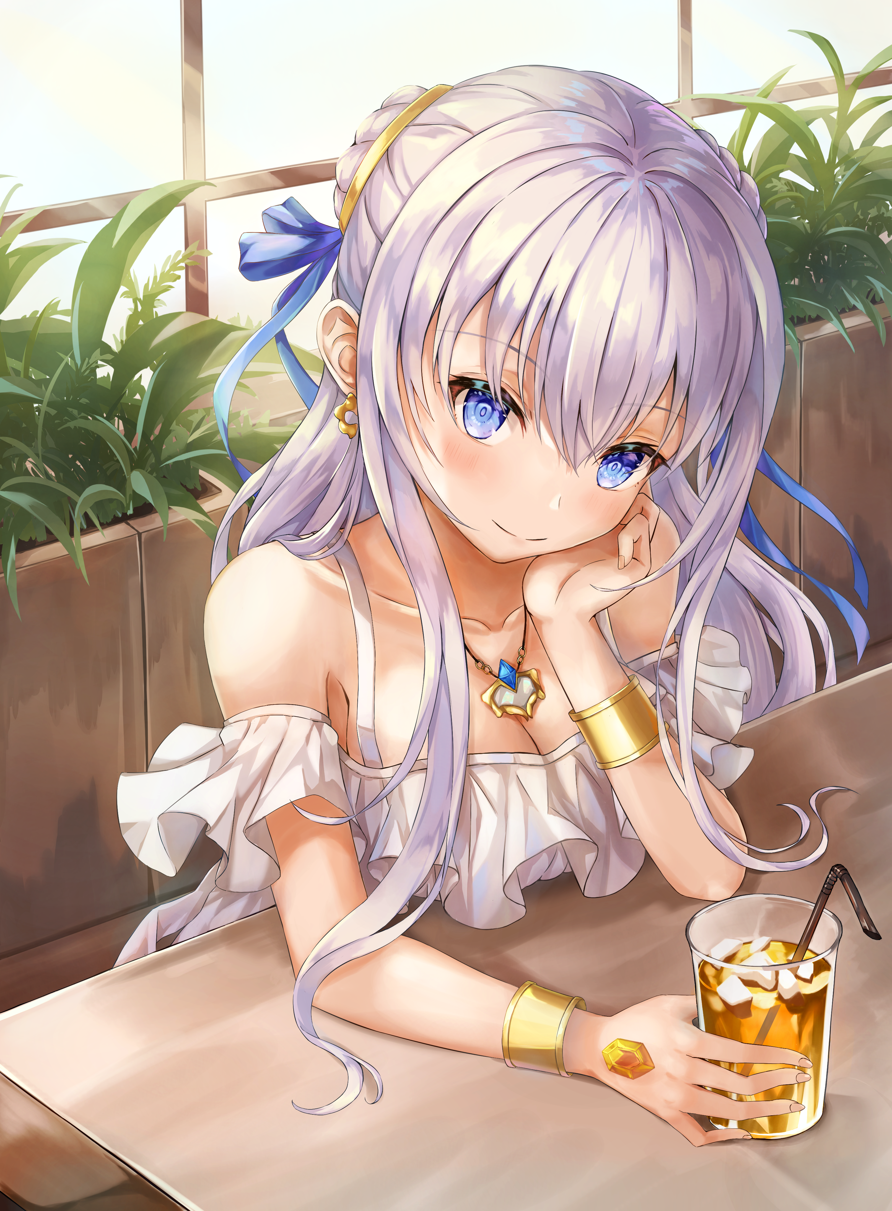 howardlei99, battle spirits, absurdres, character request, highres, 1girl, blue eyes, blue ribbon, breasts, collarbone, cup, drinking glass, drinking straw, earrings, grey hair, hair ribbon, indoors, jewelry, long hair, plant, ribbon, sitting, solo, table, wristband