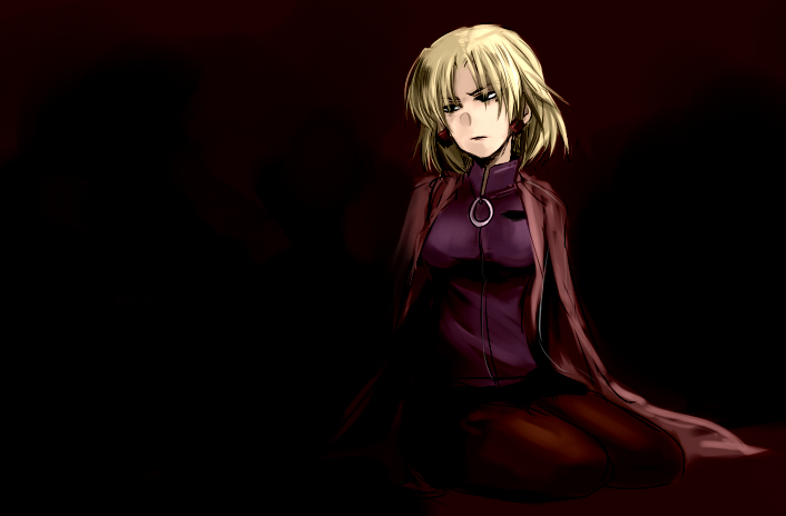 yukko, akagi ritsuko, neon genesis evangelion, bad id, bad pixiv id, angry, blonde hair, dark, kneeling, lab coat, short hair