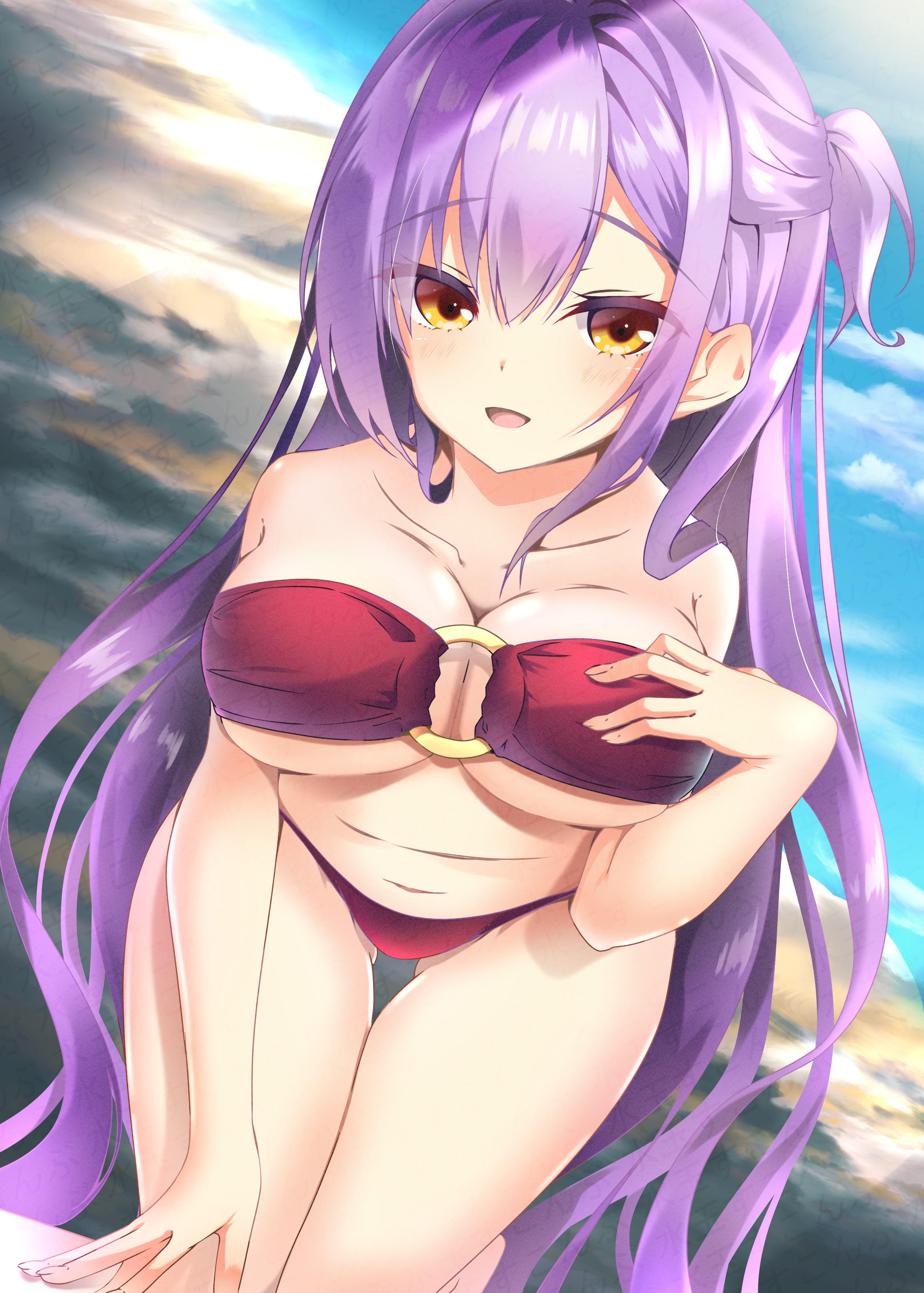 sukonbu385, limelight lemonade jam, absurdres, commentary, highres, 1girl, :d, all fours, bare shoulders, bikini, blue sky, blush, breasts, brown eyes, cleavage, cloud, collarbone, curvy, day, dutch angle, eyelashes, eyes visible through hair, gluteal fold, hair between eyes, hair over shoulder, half updo, hand up, large breasts, long hair, looking at viewer, navel, o-ring, o-ring bikini, o-ring top, open mouth, outdoors, ponytail, purple hair, red bikini, saen nayuka, short ponytail, sidelocks, sky, smile, solo, strapless, strapless bikini, swimsuit, thigh gap, thighs, tsurime, very long hair, watermark