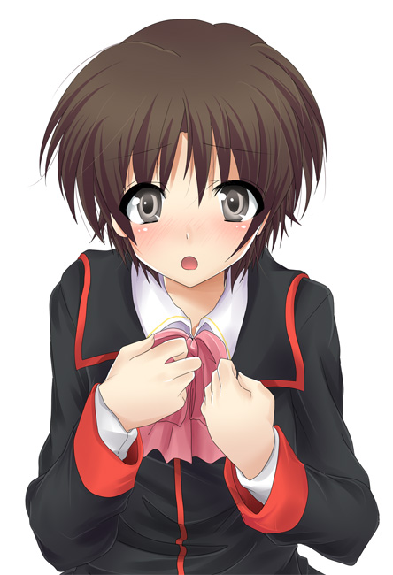 masayu, naoe riki, little busters!, bad id, bad pixiv id, 1boy, blush, bob cut, bow, brown hair, crossdressing, crossdressing (mtf), male focus, pink bow, school uniform, serafuku, short hair, simple background, solo, trap, white background