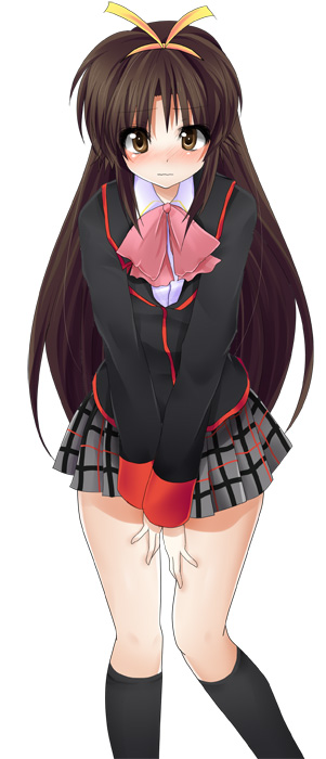 masayu, naoe riki, little busters!, bad id, bad pixiv id, gender request, 1boy, blush, bow, brown eyes, brown hair, crossdressing, crossdressing (mtf), genderswap, gym uniform, hairband, long hair, male focus, pink bow, school uniform, serafuku, short hair, simple background, solo, trap, white background