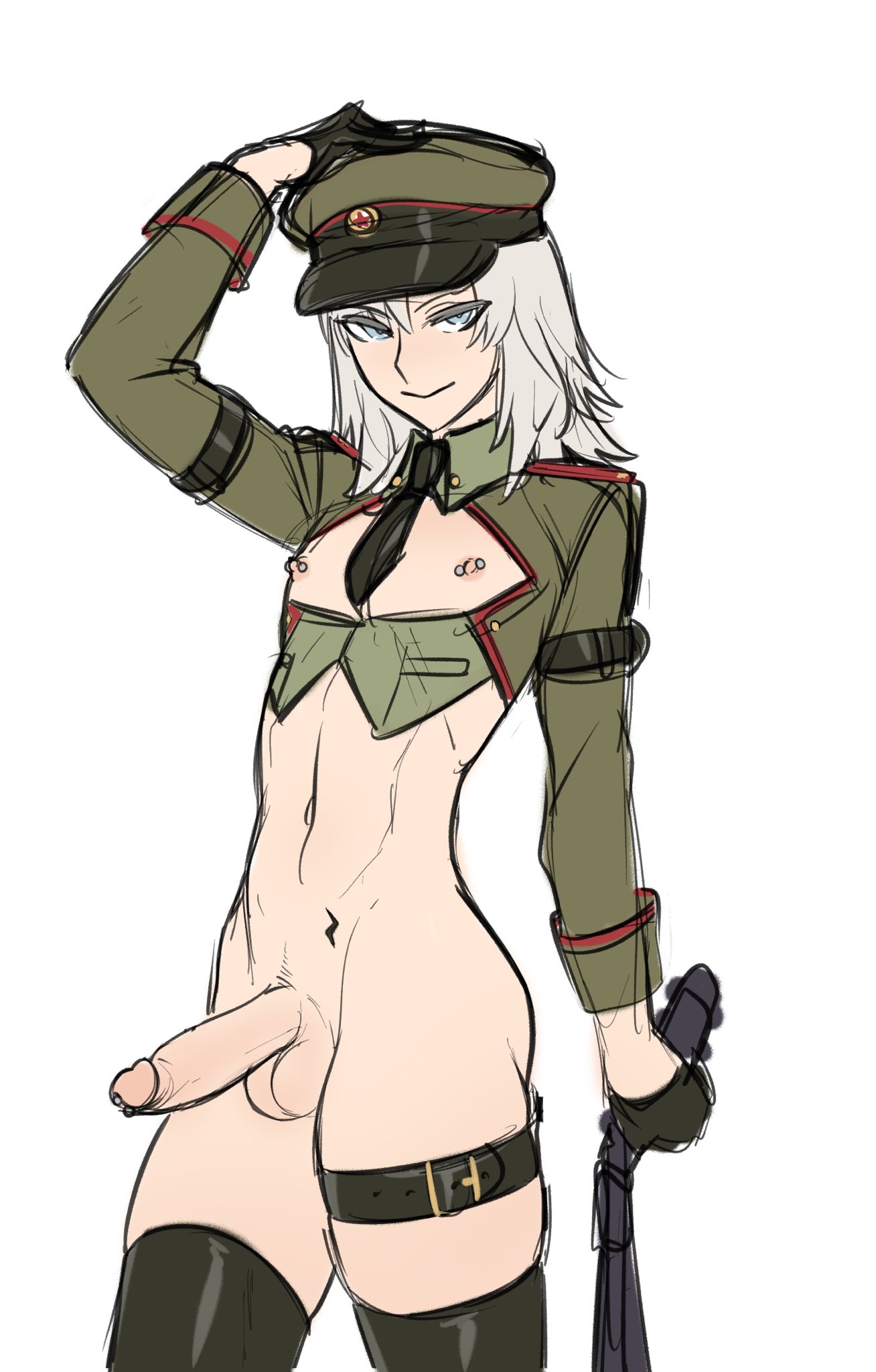 mokotoko9, metal gear (series), metal gear solid, highres, adjusting clothes, adjusting headwear, androgynous, black gloves, black necktie, black thighhighs, blue eyes, cleavage cutout, clothing cutout, cowboy shot, erection, gloves, hat, holding, holding whip, ivan raidenovitch raikov, medium hair, military hat, navel, necktie, nipple piercing, nipples, penis, penis piercing, piercing, short necktie, simple background, soviet, thighhighs, white background, white hair
