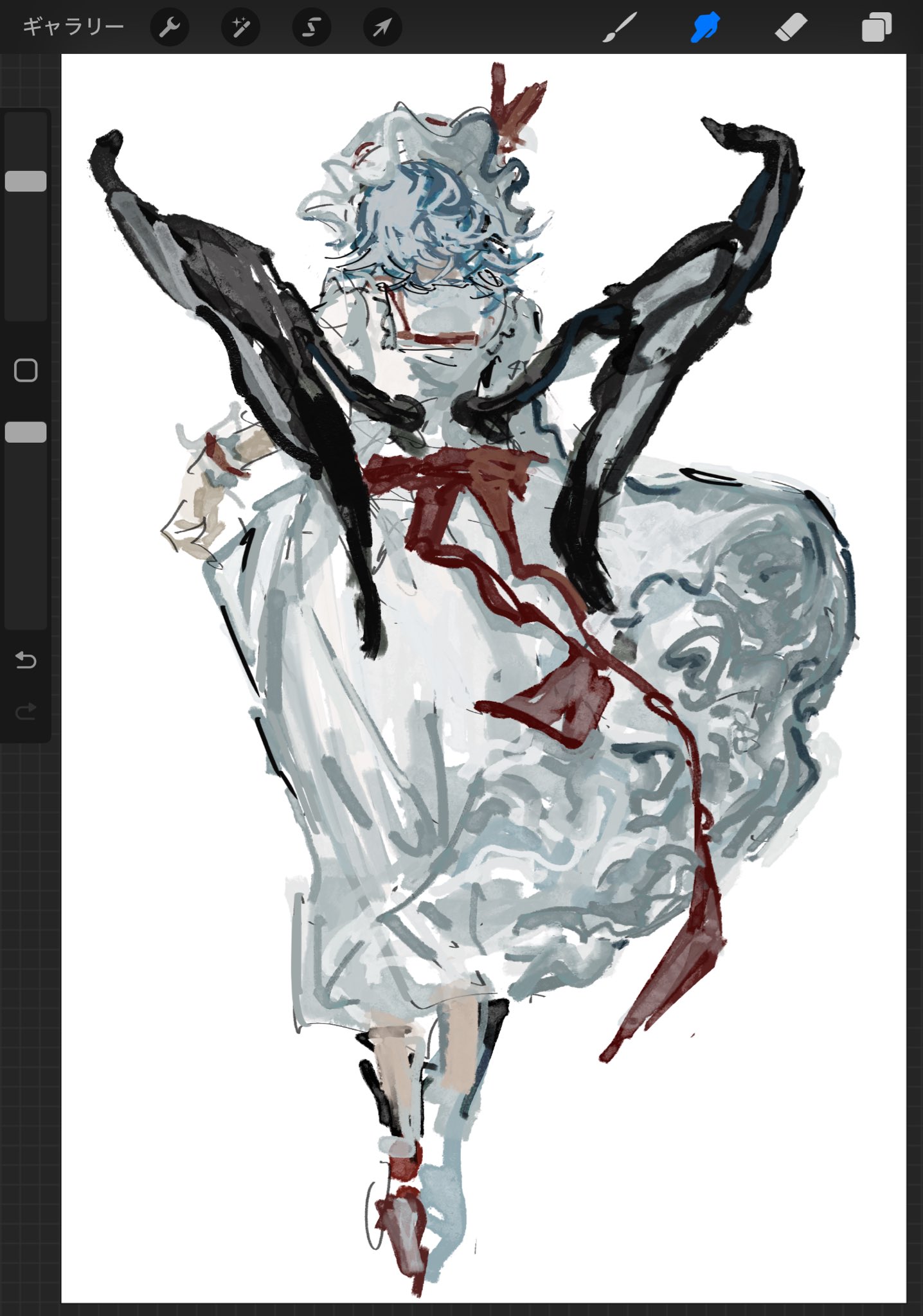 kachimashita, remilia scarlet, touhou, highres, 1girl, art program in frame, bat wings, dress, frilled hat, frills, hat, hat ribbon, layered dress, long dress, medium hair, mob cap, purple hair, red ribbon, ribbon, simple background, solo, waist ribbon, white background, white dress, white hat, wings