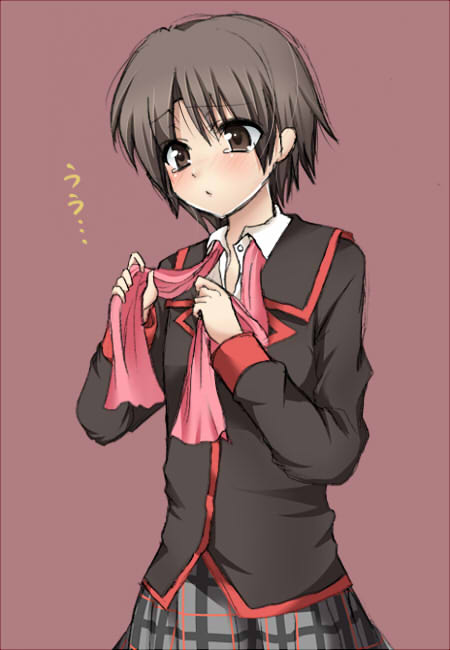 masayu, naoe riki, little busters!, 1boy, blush, bob cut, brown eyes, brown hair, crossdressing, crossdressing (mtf), dressing, male focus, plaid clothes, plaid skirt, ribbon, school uniform, serafuku, short hair, simple background, skirt, solo, tears, trap