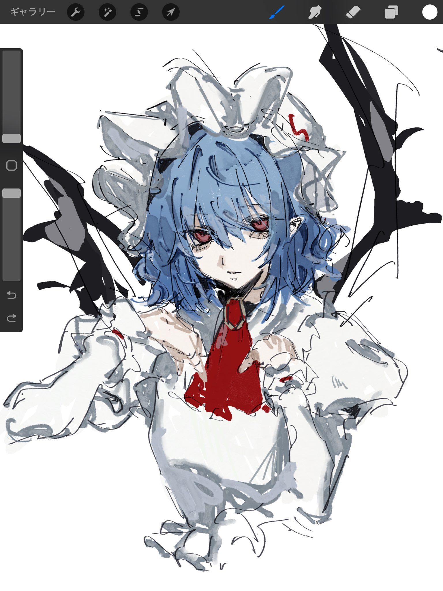 kachimashita, remilia scarlet, touhou, highres, 1girl, aegyo sal, art program in frame, ascot, bat wings, breasts, dress, frilled hat, frills, gem, hair between eyes, hat, long sleeves, mob cap, pointy ears, puffy sleeves, purple hair, red ascot, red brooch, red eyes, red gemstone, short hair, small breasts, solo, white dress, white hat, wings