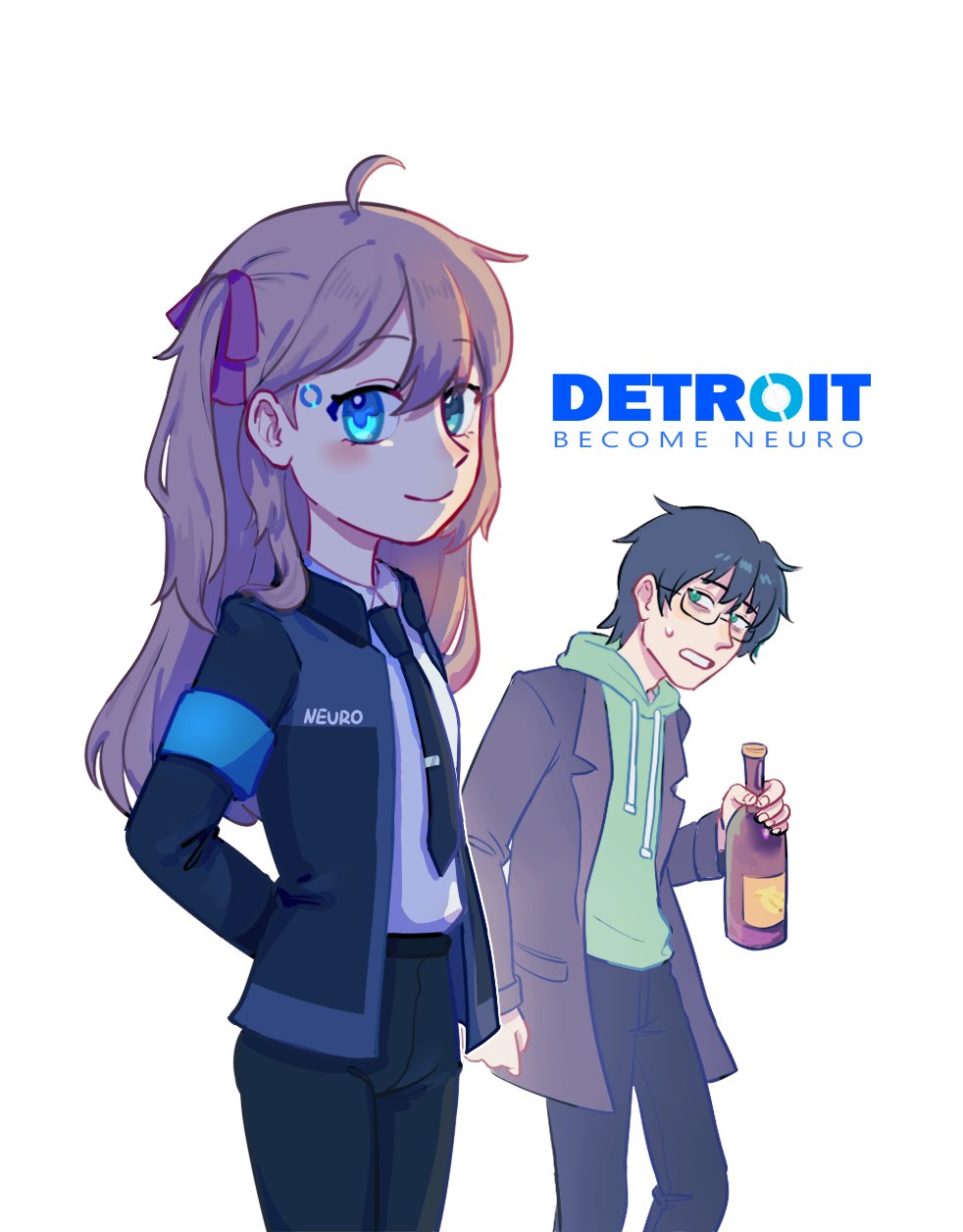 luanma96, connor (detroit), neuro-sama, vedal987, detroit: become human, commentary, english commentary, highres, 1boy, 1girl, ahoge, android, arms behind back, black hair, black jacket, black necktie, black pants, blue eyes, blush, bottle, brown hair, brown jacket, character name, closed mouth, collared shirt, connor (detroit) (cosplay), cosplay, cowboy shot, english text, eyelashes, glasses, green hoodie, hair ribbon, holding, holding bottle, hood, hood down, hoodie, jacket, long hair, long sleeves, necktie, open clothes, open jacket, pants, ribbon, shirt, short hair, simple background, smile, sweatdrop, tie clip, vedal ai, virtual youtuber, white background, white shirt