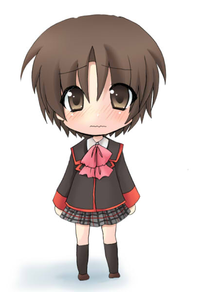 masayu, naoe riki, little busters!, bad id, bad pixiv id, 1boy, blush, bob cut, bow, brown eyes, brown hair, chibi, crossdressing, crossdressing (mtf), male focus, pink bow, school uniform, serafuku, short hair, solo, trap