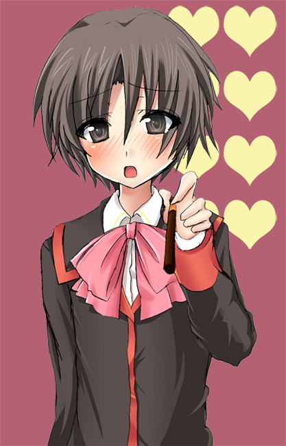 masayu, naoe riki, little busters!, 1boy, blush, bob cut, bow, brown eyes, brown hair, crossdressing, crossdressing (mtf), food, male focus, pink bow, pocky, school uniform, serafuku, short hair, solo, trap