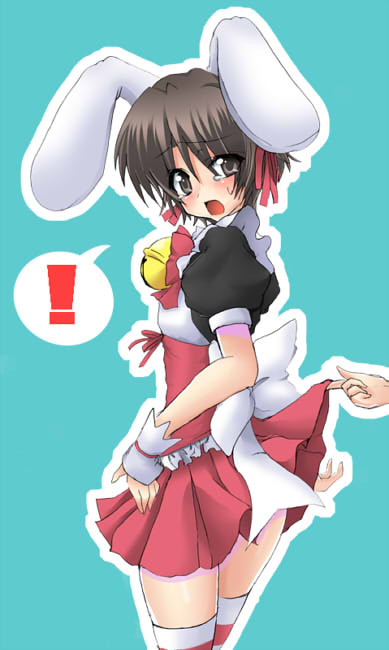 masayu, ayasaki hayate, naoe riki, hayate no gotoku!, little busters!, 1boy, animal ears, ayasaki hayate (cosplay), bell, blush, bob cut, brown hair, clothes lift, cosplay, crossdressing, crossdressing (mtf), maid, male focus, male maid, parody, rabbit ears, short hair, skirt, skirt lift, solo, thighhighs, trap, waitress