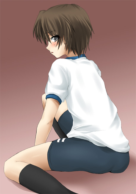 masayu, naoe riki, little busters!, bad id, bad pixiv id, 1boy, blush, bob cut, brown hair, crossdressing, crossdressing (mtf), gym uniform, male focus, short hair, solo, trap