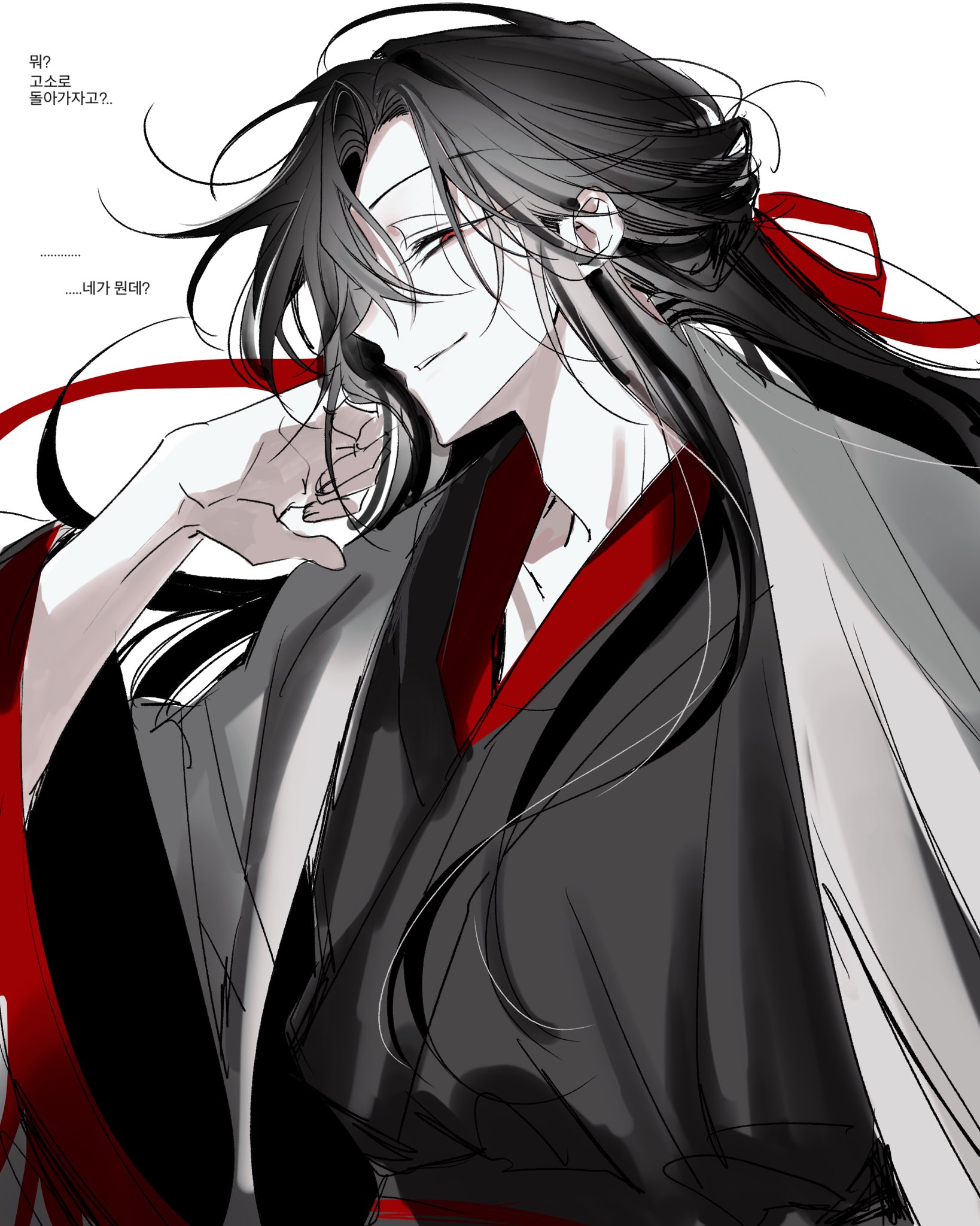 wei wuxian, wei wuxian (yiling laozu), modao zushi, highres, korean commentary, 1boy, bishounen, black hair, black hanfu, chinese clothes, closed mouth, coat, grey coat, hair down, hair ribbon, half updo, hand in own hair, hand up, hanfu, korean text, long hair, long sleeves, looking at viewer, male focus, official alternate costume, official alternate hairstyle, open clothes, open coat, parted lips, profile, pupuppuppu0223, red eyes, red ribbon, ribbon, robe, sash, sidelocks, simple background, smile, solo, upper body, white background, wide sleeves