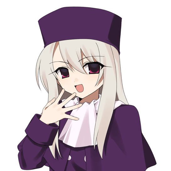 dun dudu, illyasviel von einzbern, fate/stay night, fate (series), 1girl, blonde hair, hand up, hat, laughing, long hair, purple hat, red eyes, scarf, solo, white background, white scarf
