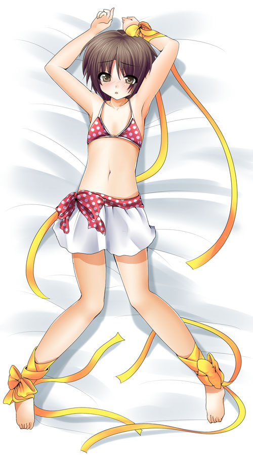 masayu, naoe riki, little busters!, bad id, bad pixiv id, 1boy, ankle lace-up, armpits, arms up, barefoot, bed, bikini, blush, bob cut, brown eyes, brown hair, crossdressing, crossdressing (mtf), flat chest, lying, male focus, on back, red bikini, ribbon, short hair, skirt, solo, swimsuit, trap