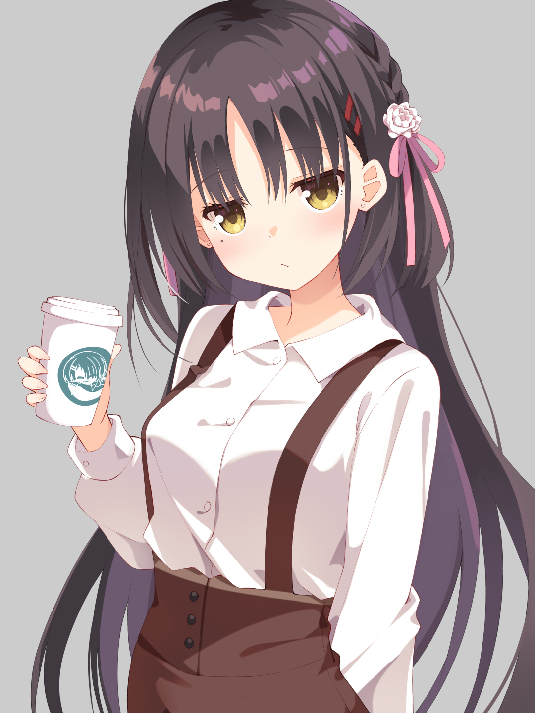 minase kaya, hiuchidani mei, shiki natsume, cafe stella to shinigami no chou, commentary, highres, 1girl, :/, arm at side, black hair, blush, braid, brown skirt, buttons, character print, closed mouth, collared shirt, cowboy shot, cup, disposable cup, dress shirt, earrings, eyelashes, flower, frown, hair behind ear, hair between eyes, hair flower, hair ornament, hair ribbon, hairclip, hand up, high-waist skirt, holding, holding cup, jewelry, long hair, long sleeves, looking at viewer, mole, mole under eye, parallel hairclips, pink ribbon, print cup, ribbon, rose, shirt, side braid, sidelocks, simple background, skirt, solo, straight hair, stud earrings, suspender skirt, suspenders, very long hair, white background, white flower, white rose, white shirt, yellow eyes